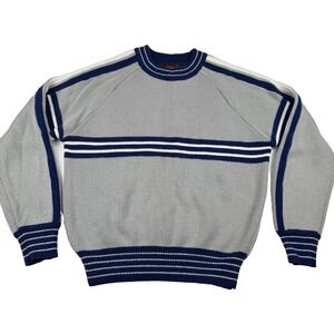 William John Mens Knit Varsity Sweater Size Medium Gray Blue Striped Long Sleeve